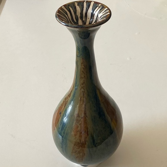 Vintage Handmade Blue and Brown and Green Ceramic Drip Glaze Vase 9” tall